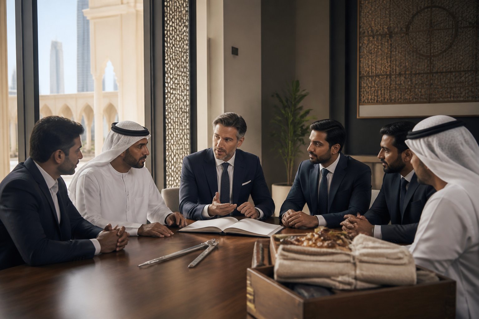 A diverse group of men discusses shared values around a table in an elegant UAE-inspired meeting room.