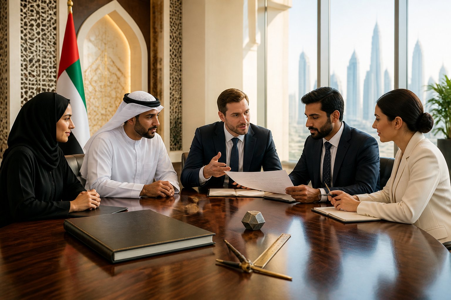 Professionals discussing shared documents around a table in a UAE meeting room with subtle architectural symbols and a city skyline.