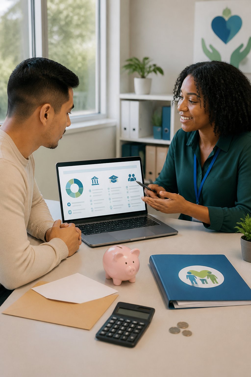 A young adult reviews financial assistance resources with a counselor at a desk with a laptop, calculator, piggy bank, envelope, and coins.