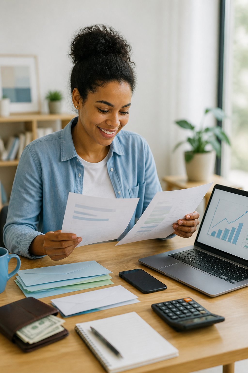 A person reviews financial documents and savings information at a bright home office desk.