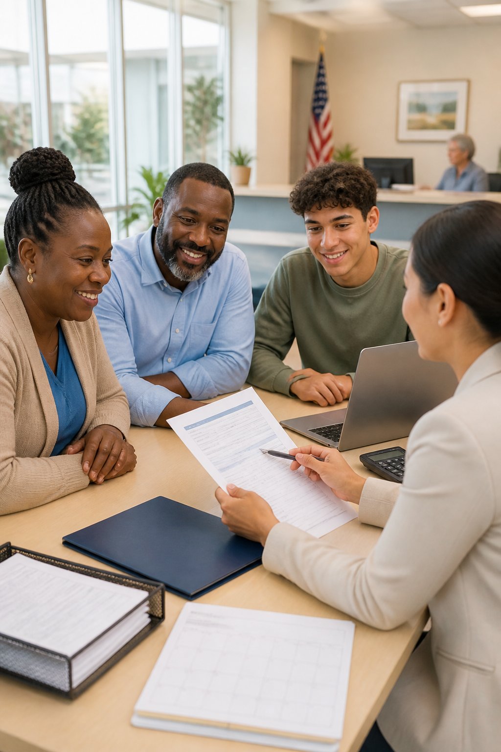 A student and adults meet with a benefits advisor in a community assistance office to discuss public benefits and education aid.