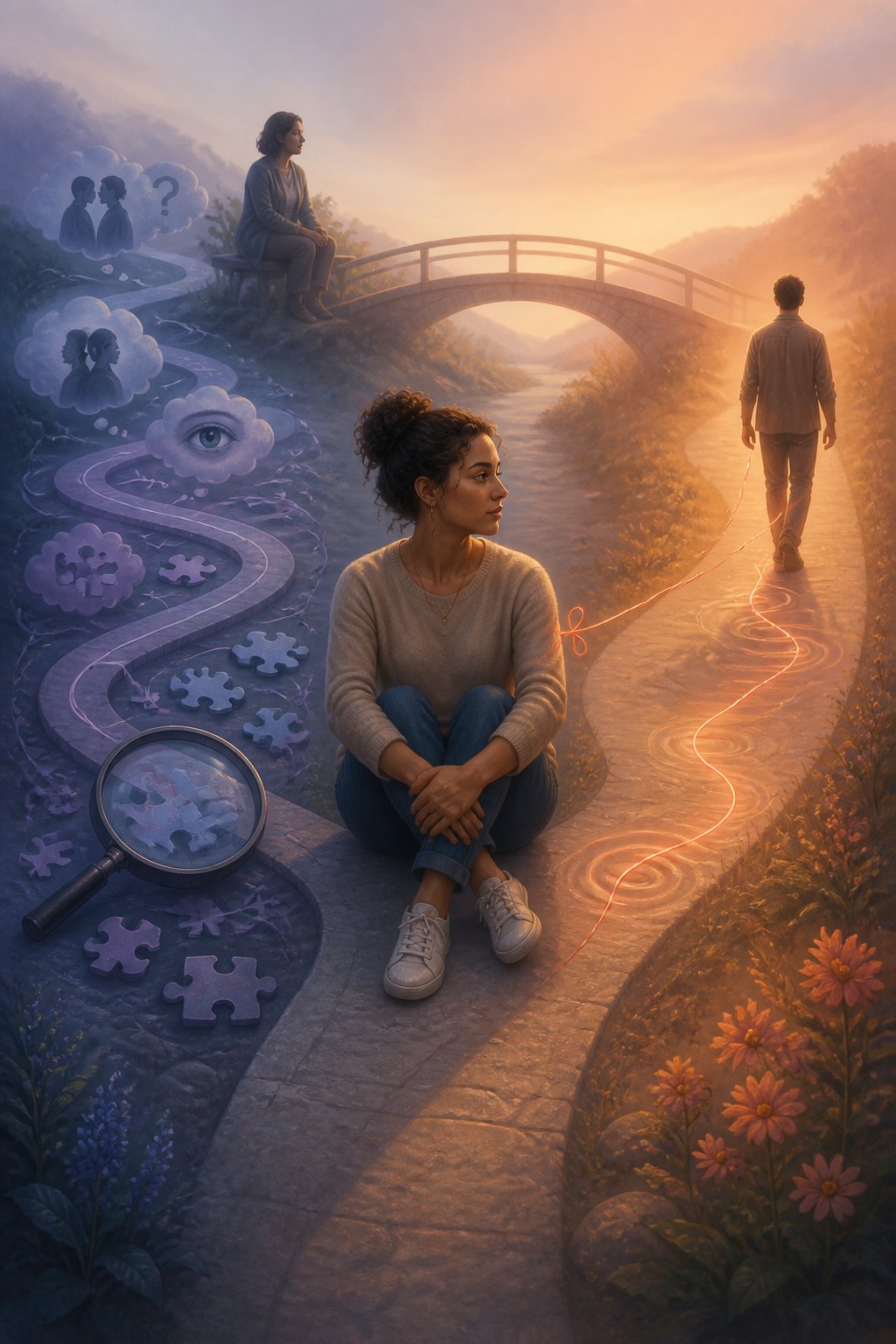 A person stands between two symbolic paths, one showing repetitive doubt and the other showing fear of disconnection in a close relationship.