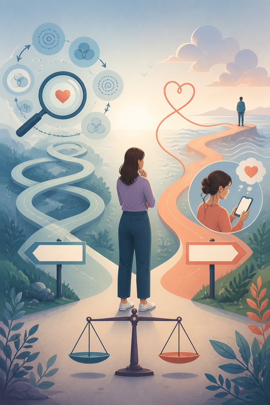 A reflective person stands between two symbolic pathways, one looping around a magnifying glass and heart and the other connecting two distant people with a heart-shaped tether.