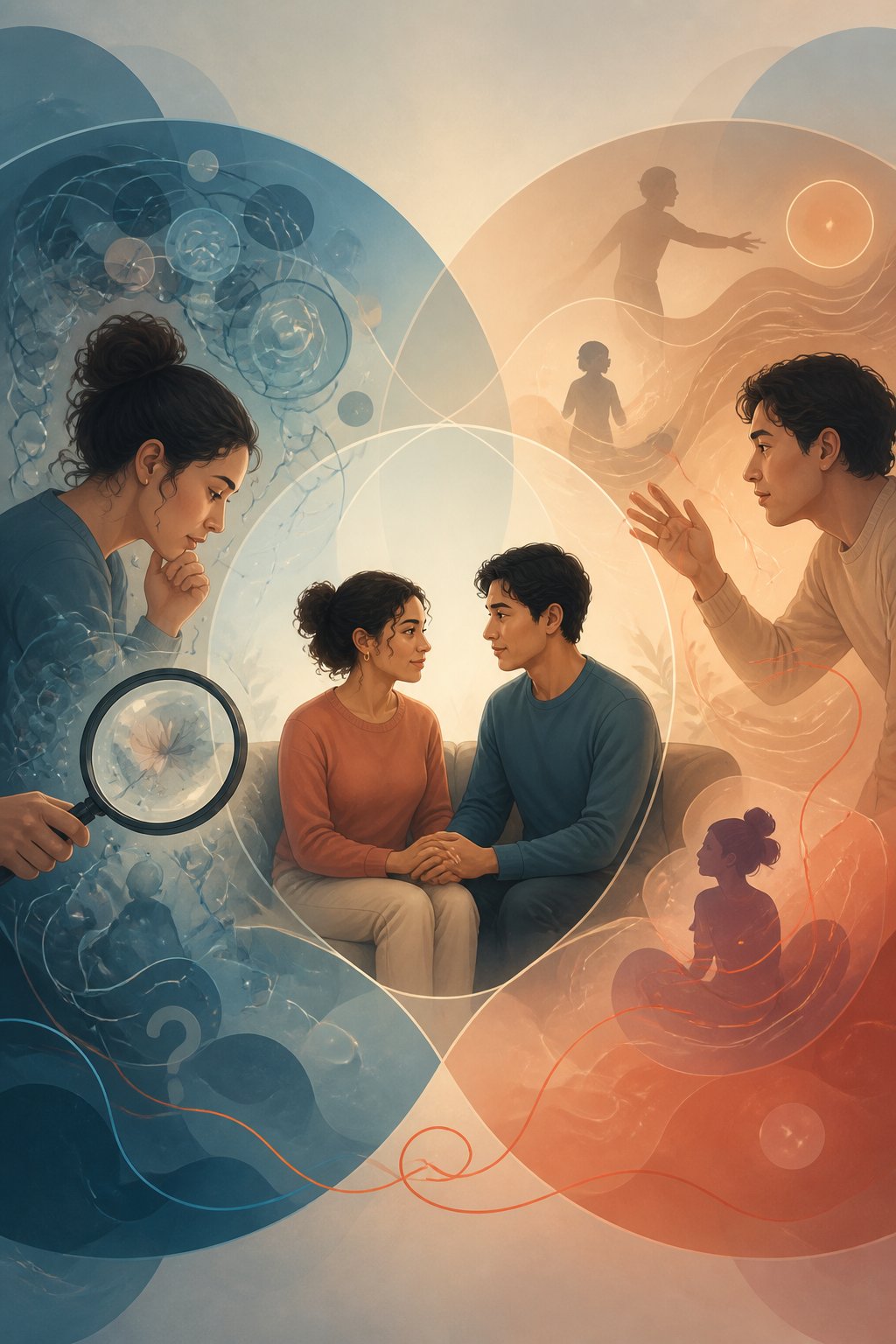 Two people sit together as overlapping circular thought patterns and connecting threads represent rumination, uncertainty, and the need for reassurance.