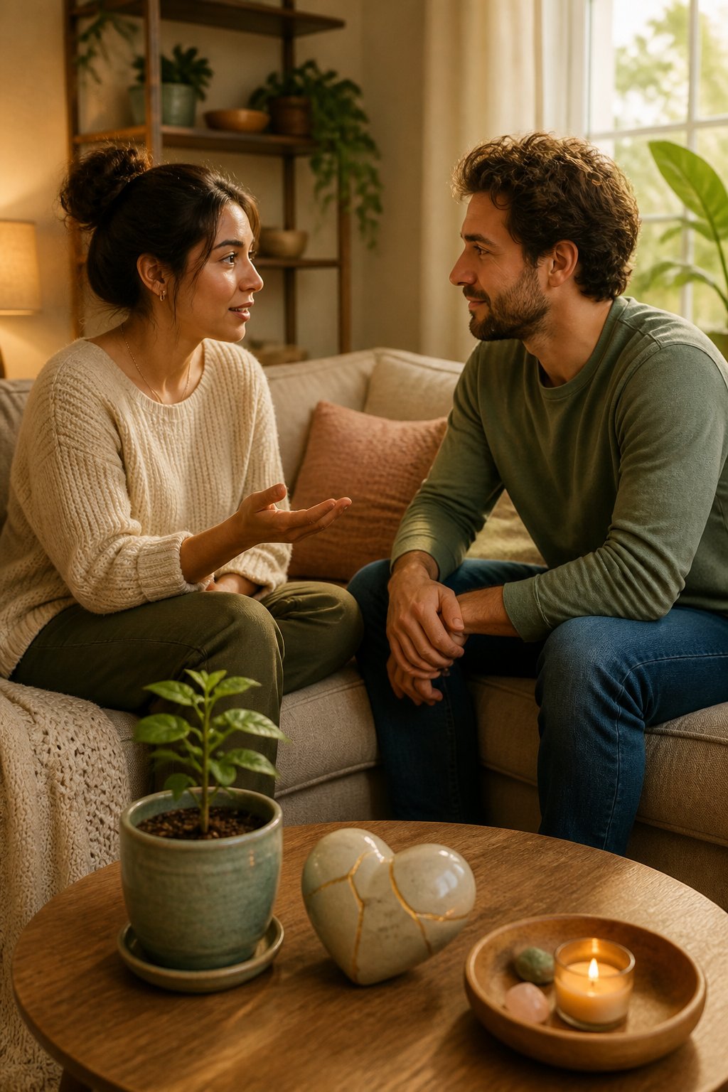 A couple sits together at home, listening and supporting each other as a small plant grows nearby.