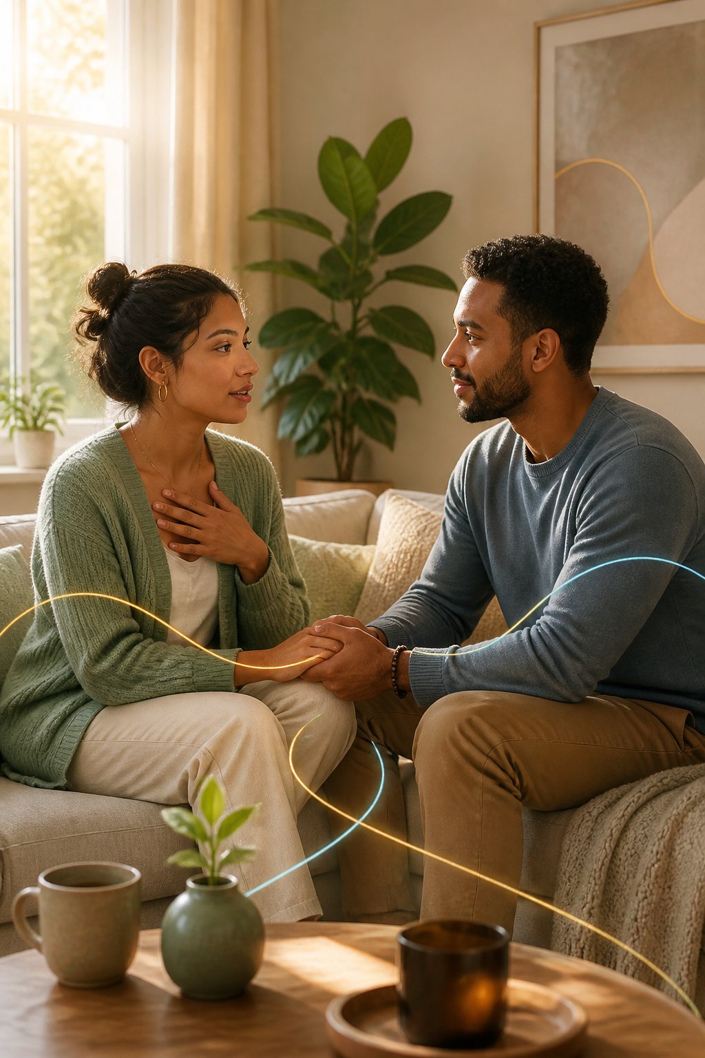 A couple sits together in a warmly lit room, sharing a supportive and attentive conversation.