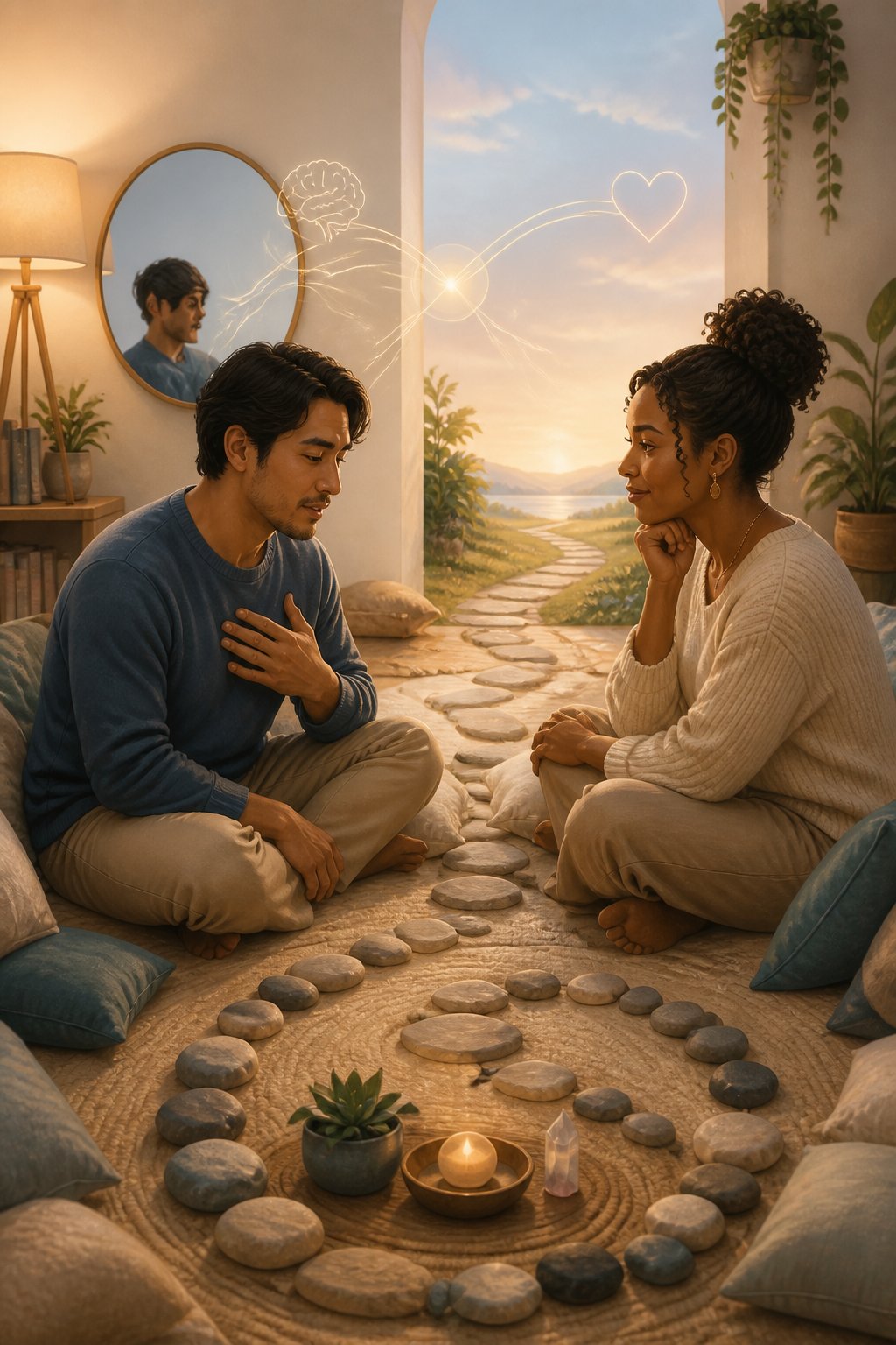 Two partners sit together calmly, reflecting on their emotions as a bright path symbolizes healing and growth in their relationship.