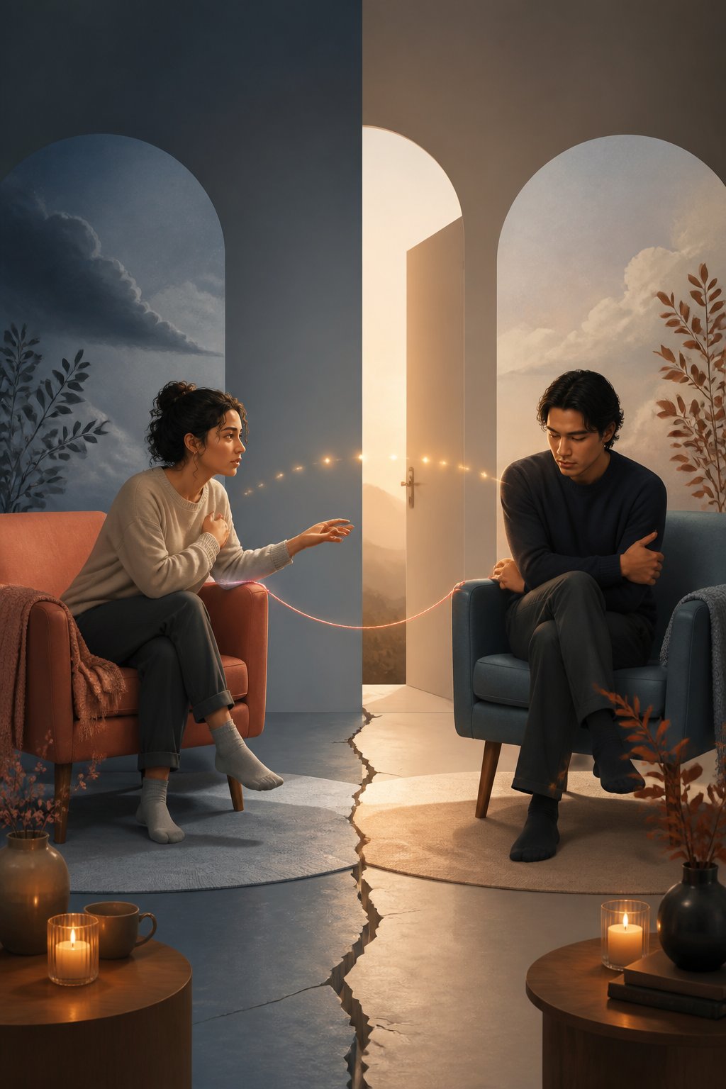 Two partners sit apart but remain connected by a delicate thread, with one reaching out anxiously while the other appears guarded and withdrawn.