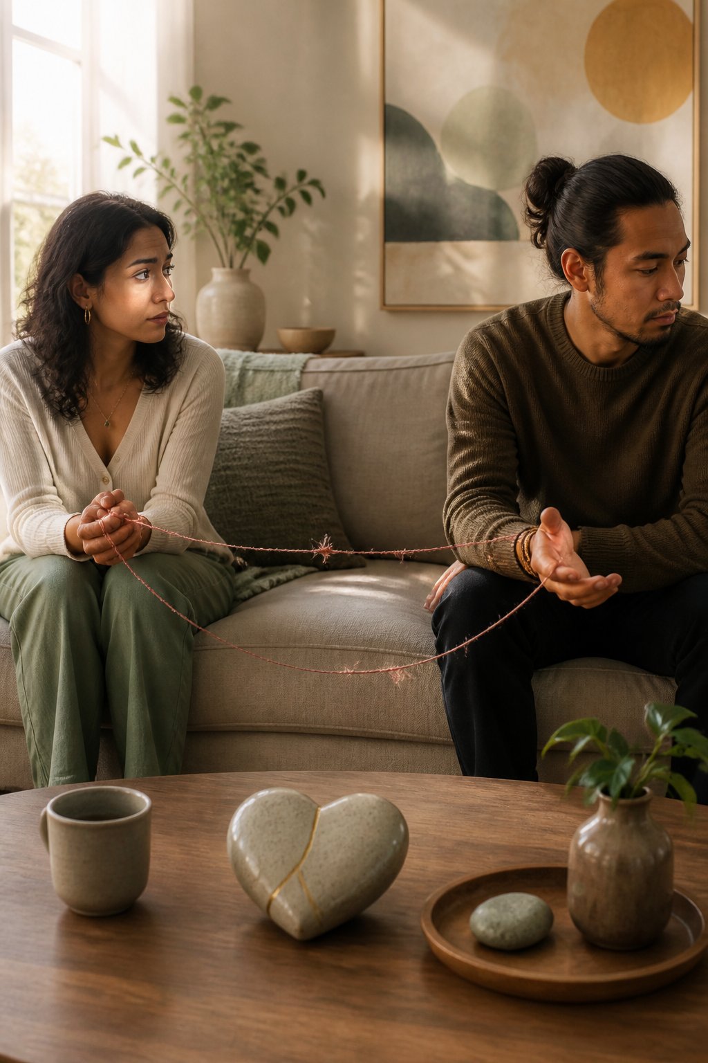 Two partners sit apart on a sofa, showing emotional tension while a delicate thread connects their hands.