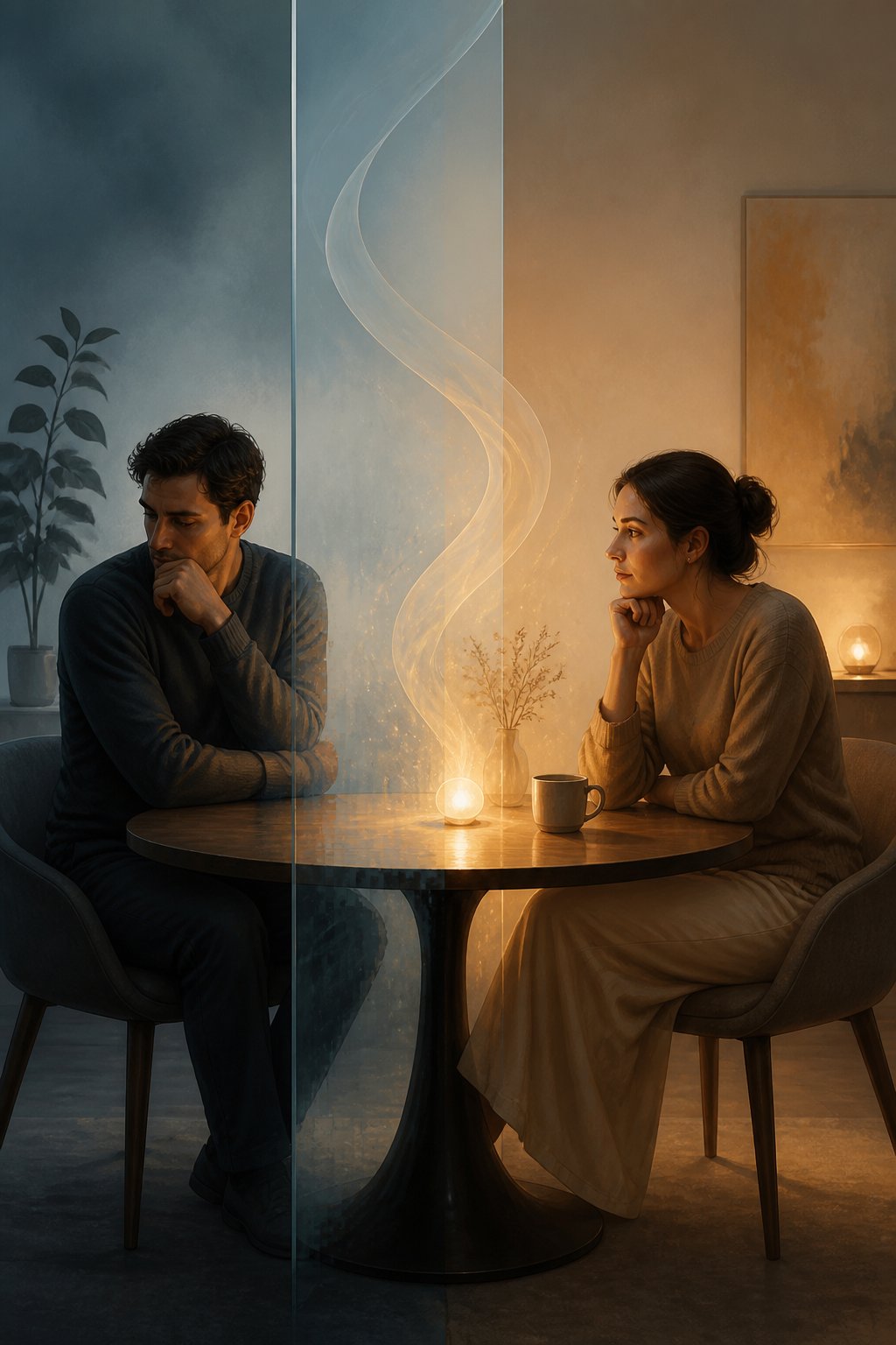 Two romantic partners sit apart at a table, separated by an invisible emotional barrier while a small warm light suggests possible reconnection.
