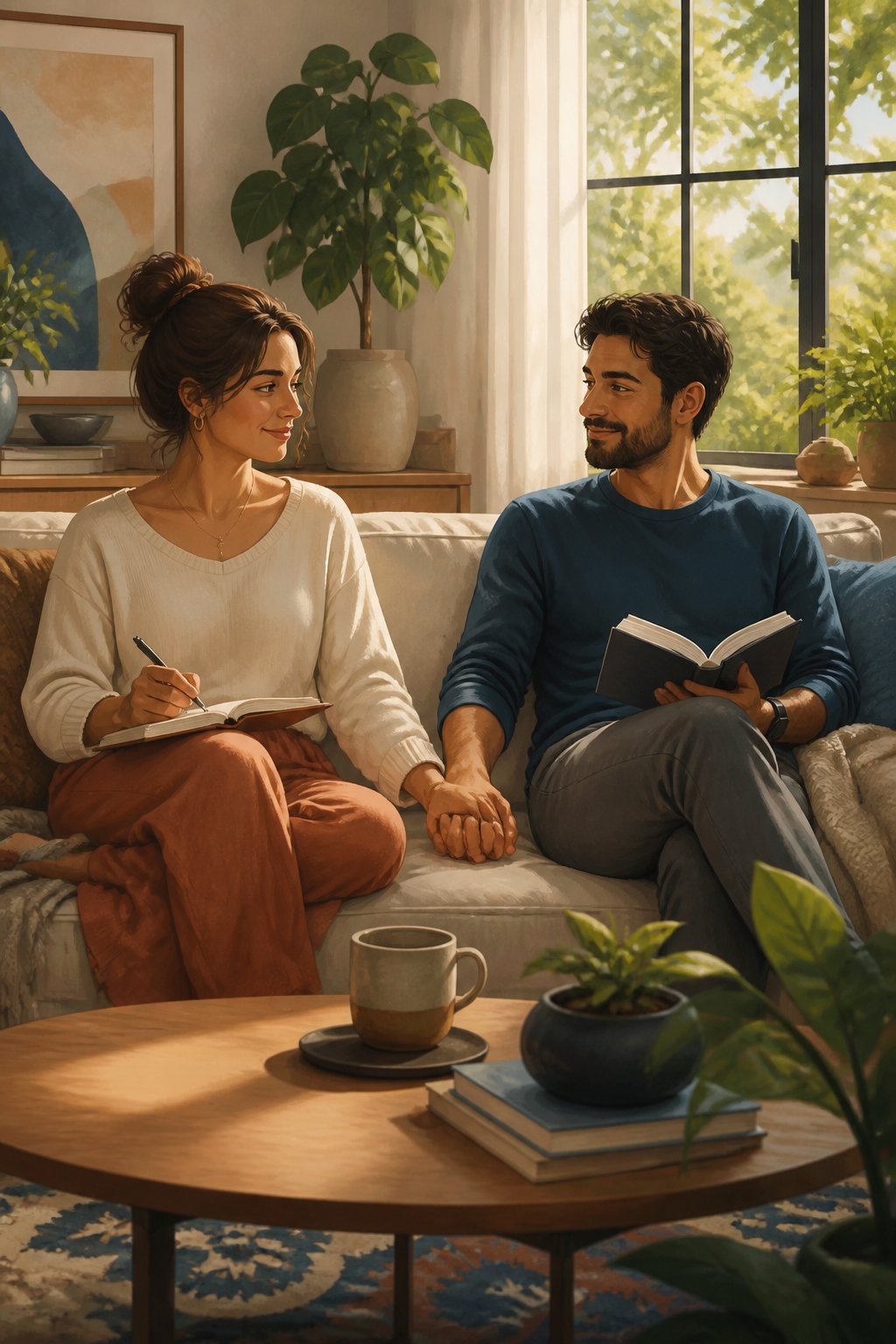 Two partners relax together while enjoying separate personal activities, showing closeness, trust, and healthy independence.