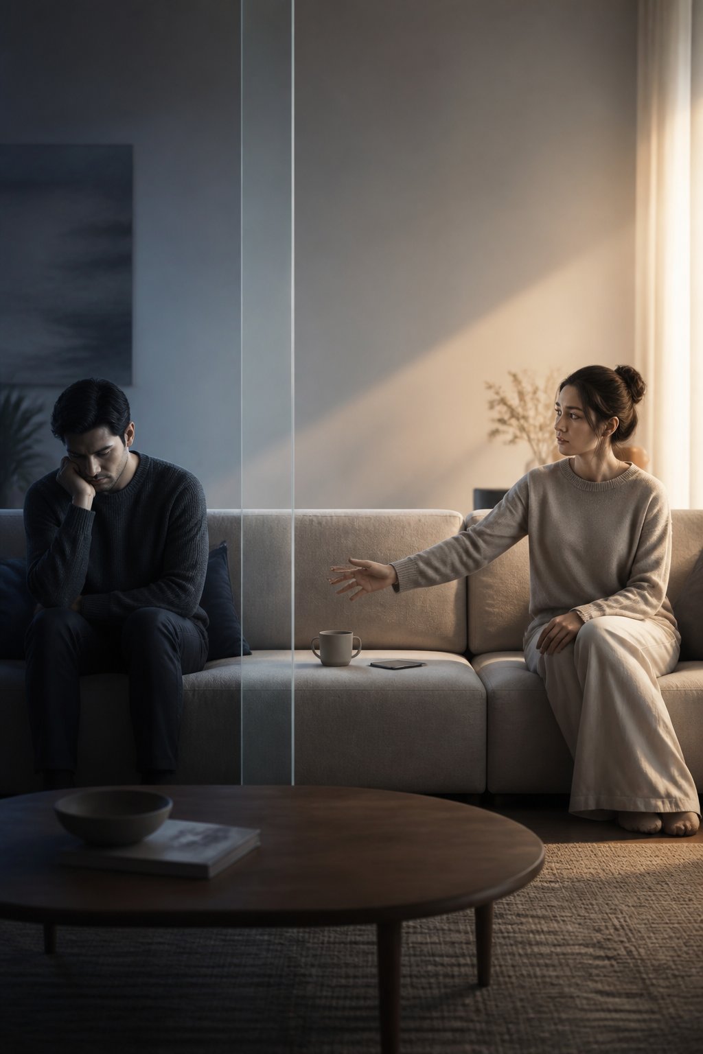 Two partners sit far apart on a sofa, separated by emotional distance as one reaches out while the other withdraws.