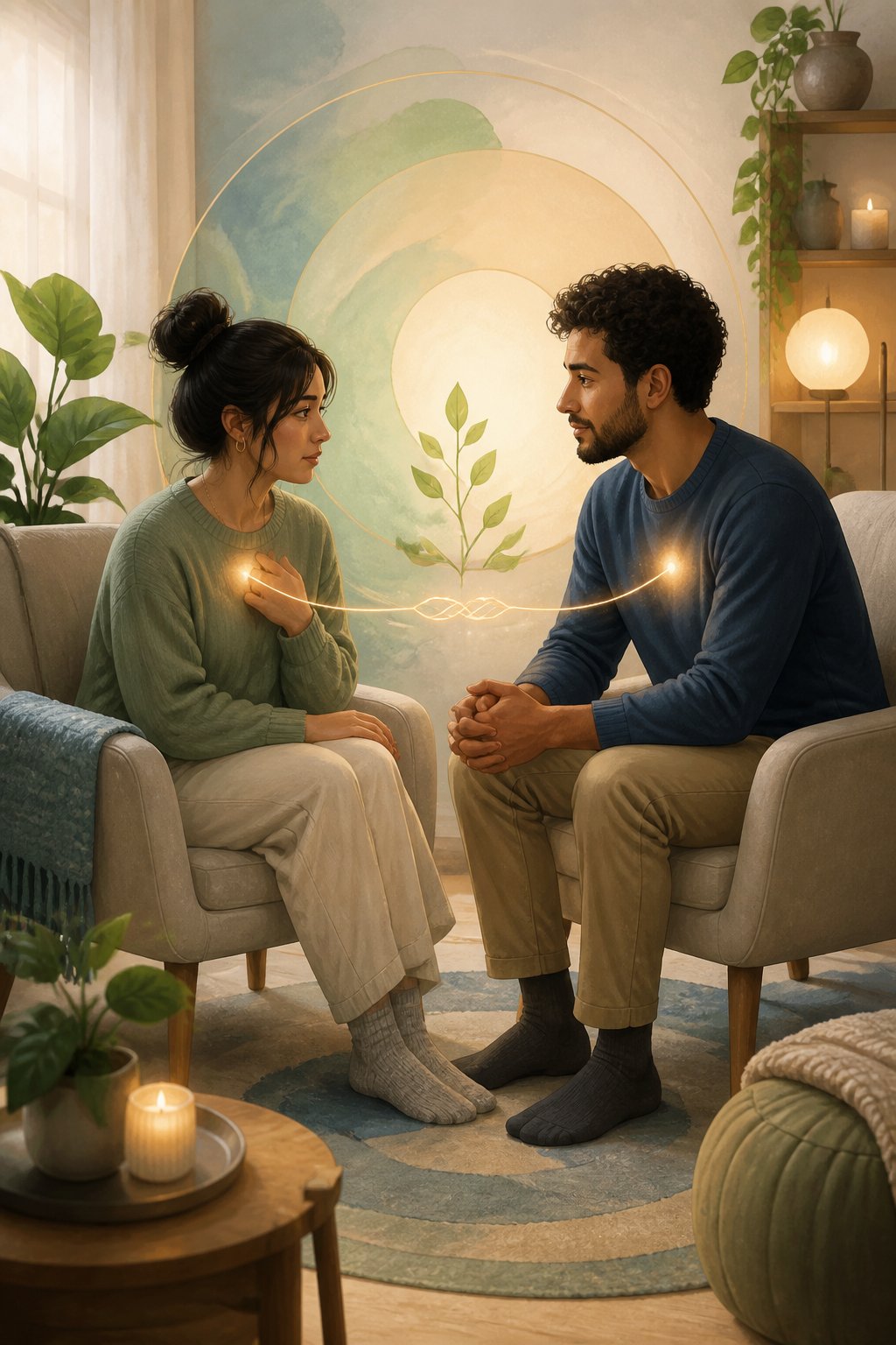 Two partners sit together and support one another in a calm room as their connection gradually heals.