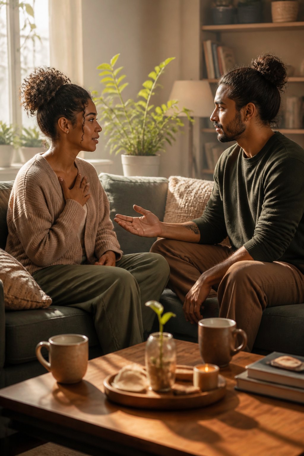 Two partners sit together at home, sharing a calm and supportive conversation while one listens empathetically.
