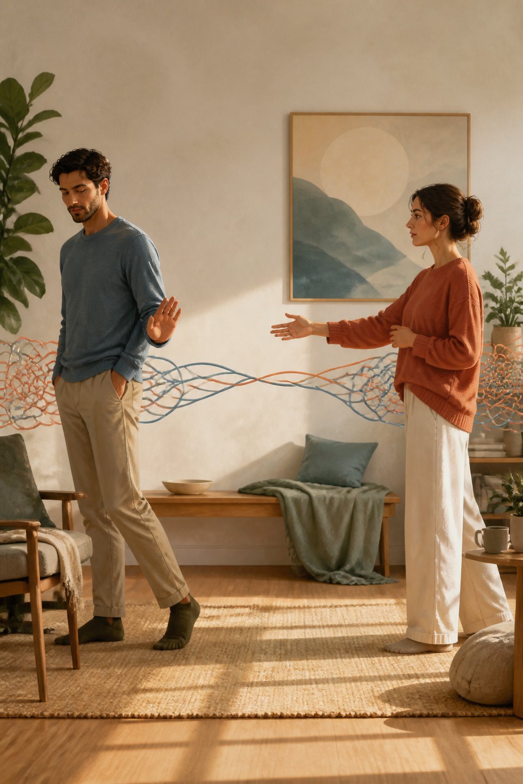 Two partners pause during an emotionally thoughtful conversation, with gentle space between them and a calming connection symbolizing healing.