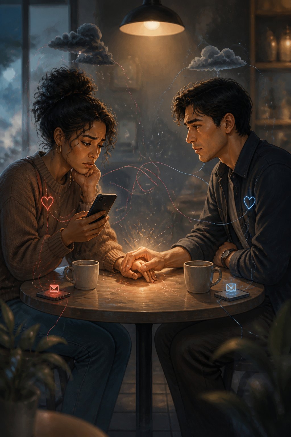 Two worried romantic partners sit across from each other in a café, seeking reassurance while holding hands.