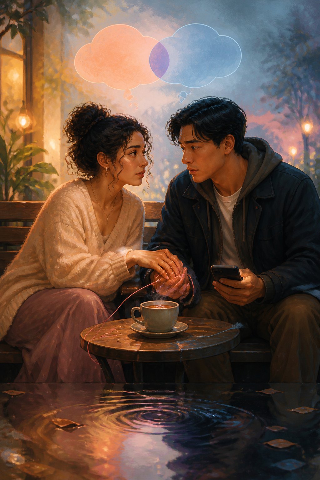 Two people in a new romantic relationship sit close together, showing affection and mutual uncertainty as they seek reassurance from each other.