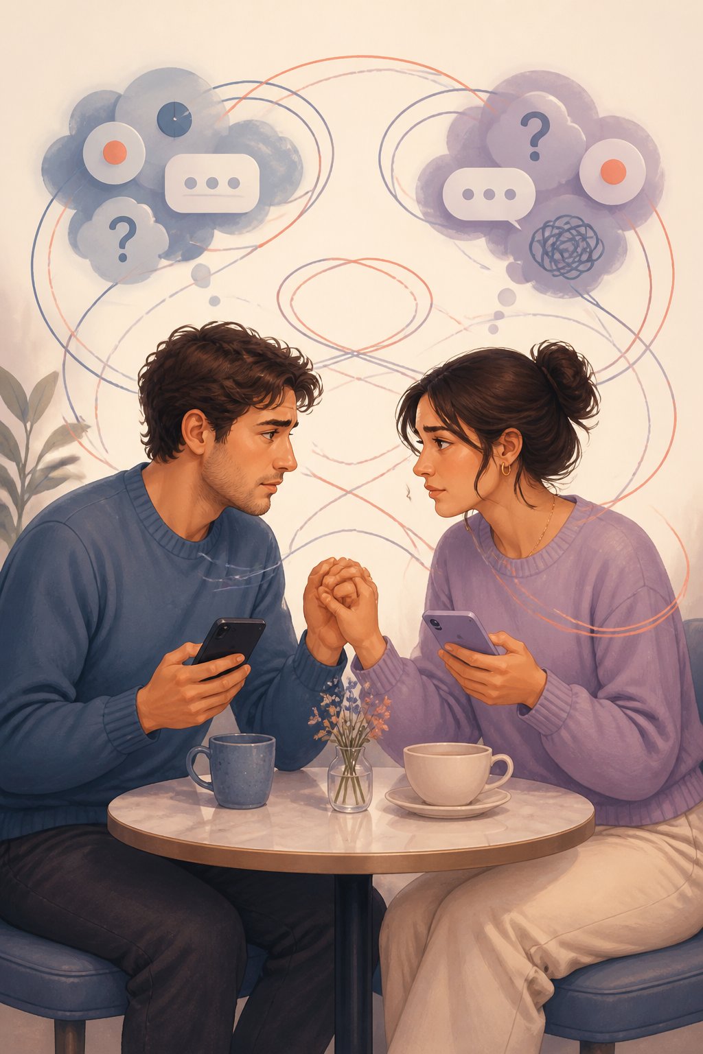 Two anxious partners sit across from each other, checking their phones while seeking reassurance and showing concern.