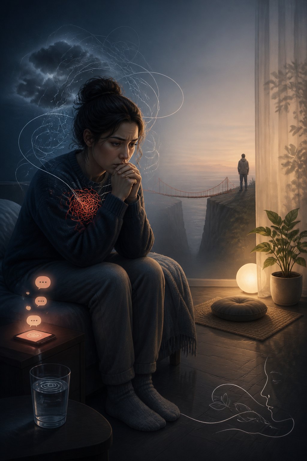 A tense person sits alone near a phone while abstract lines and a stretched connection suggest worry about a distant partner.