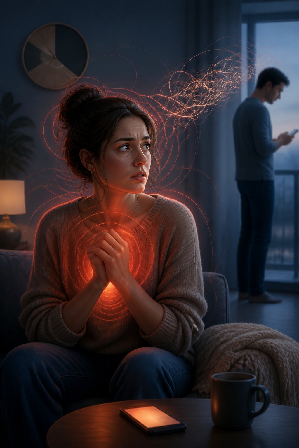 A worried person reacts tensely as a close partner stands farther away, with warm glowing lines suggesting an activated emotional alarm.