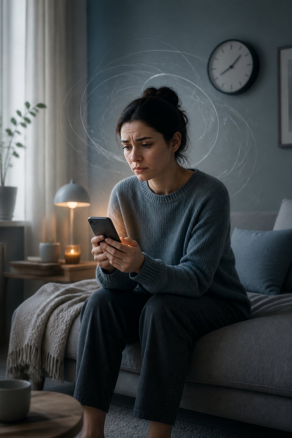 A worried person sits alone holding a phone while waiting for a response.