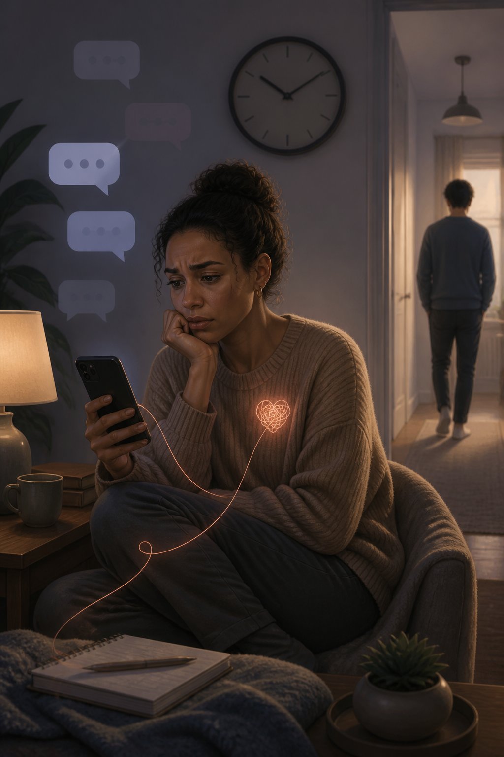 A concerned person waits for a message while a distant figure walks away in the background.