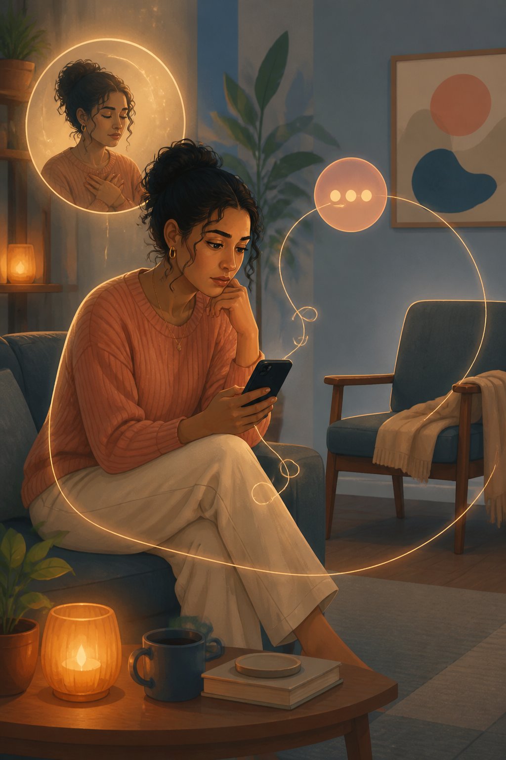 A worried person looks at a smartphone beside an empty chair, surrounded by a looping visual symbol of uncertainty and reflection.