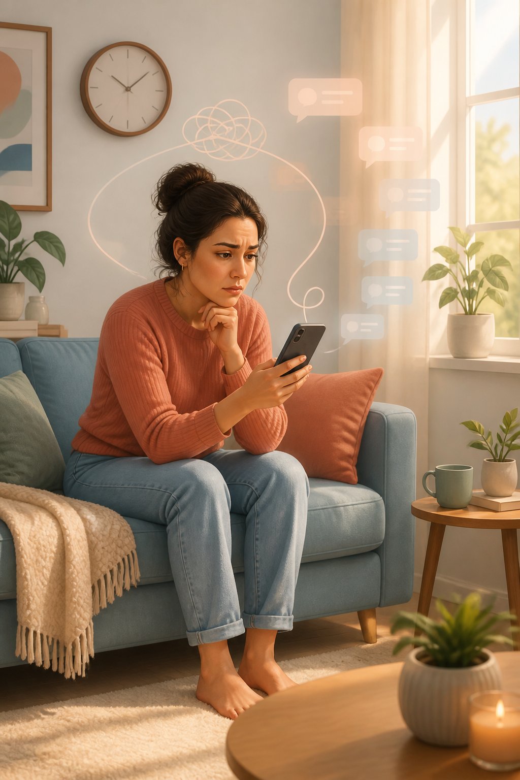 An anxious adult sits on a sofa checking a smartphone while waiting for a message, with a clock nearby and soft light filling the room.