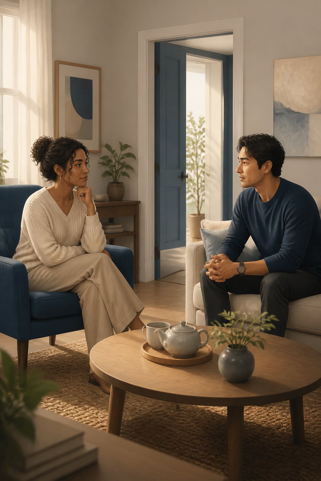 A couple sits across from each other in a softly lit living room, having a calm and thoughtful conversation.