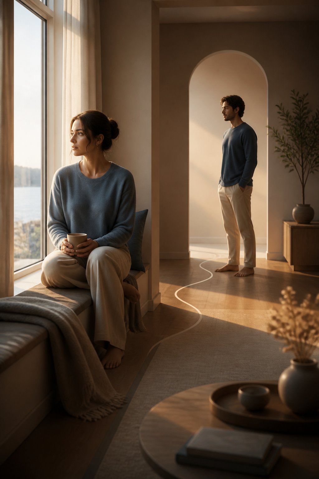 Two adults reflect on their emotional distance while sitting and standing apart in a softly lit room.