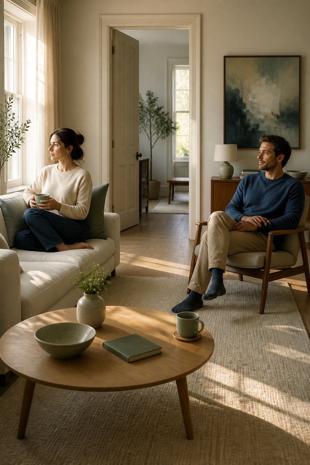 Two people sit peacefully apart in a sunlit living room, leaving space between them while reflecting calmly.
