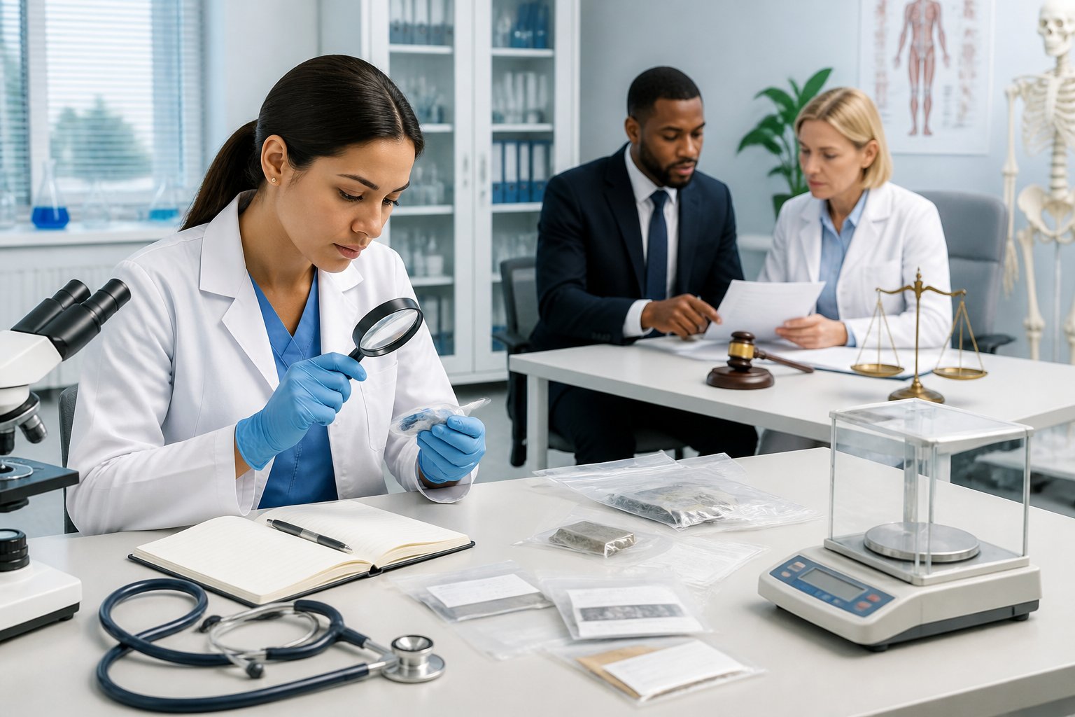 A medical examiner and legal professional collaborate in a modern forensic laboratory with medical equipment, evidence containers, and justice-related objects.