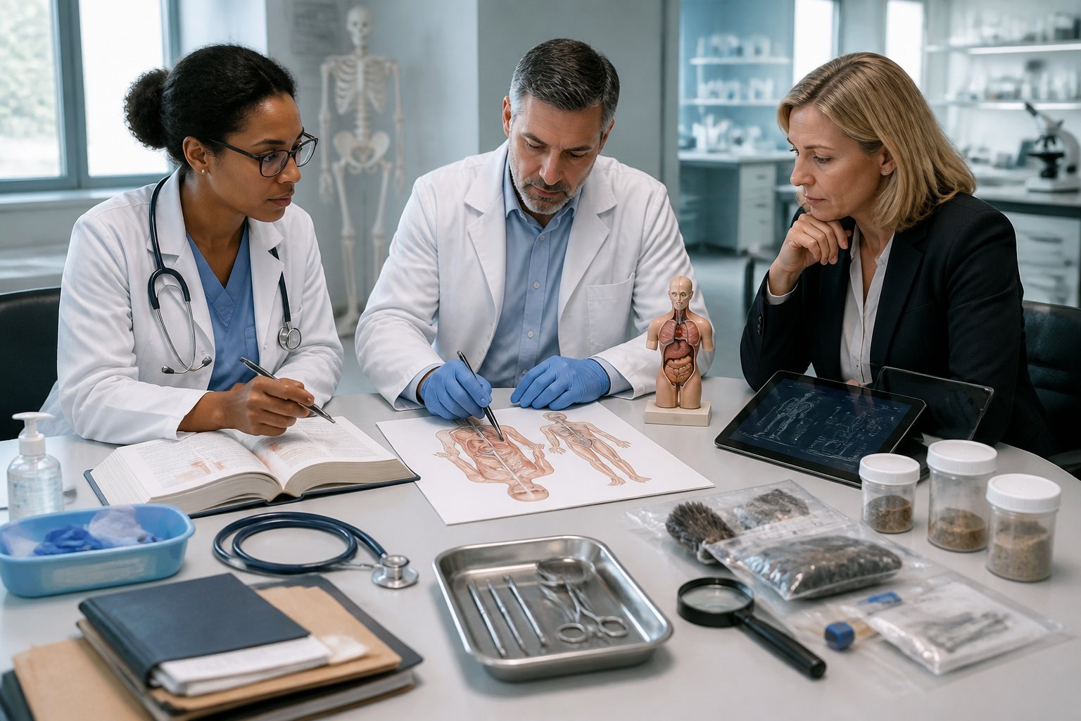 Medical and legal professionals review clinical materials and forensic evidence together in a modern consultation room.