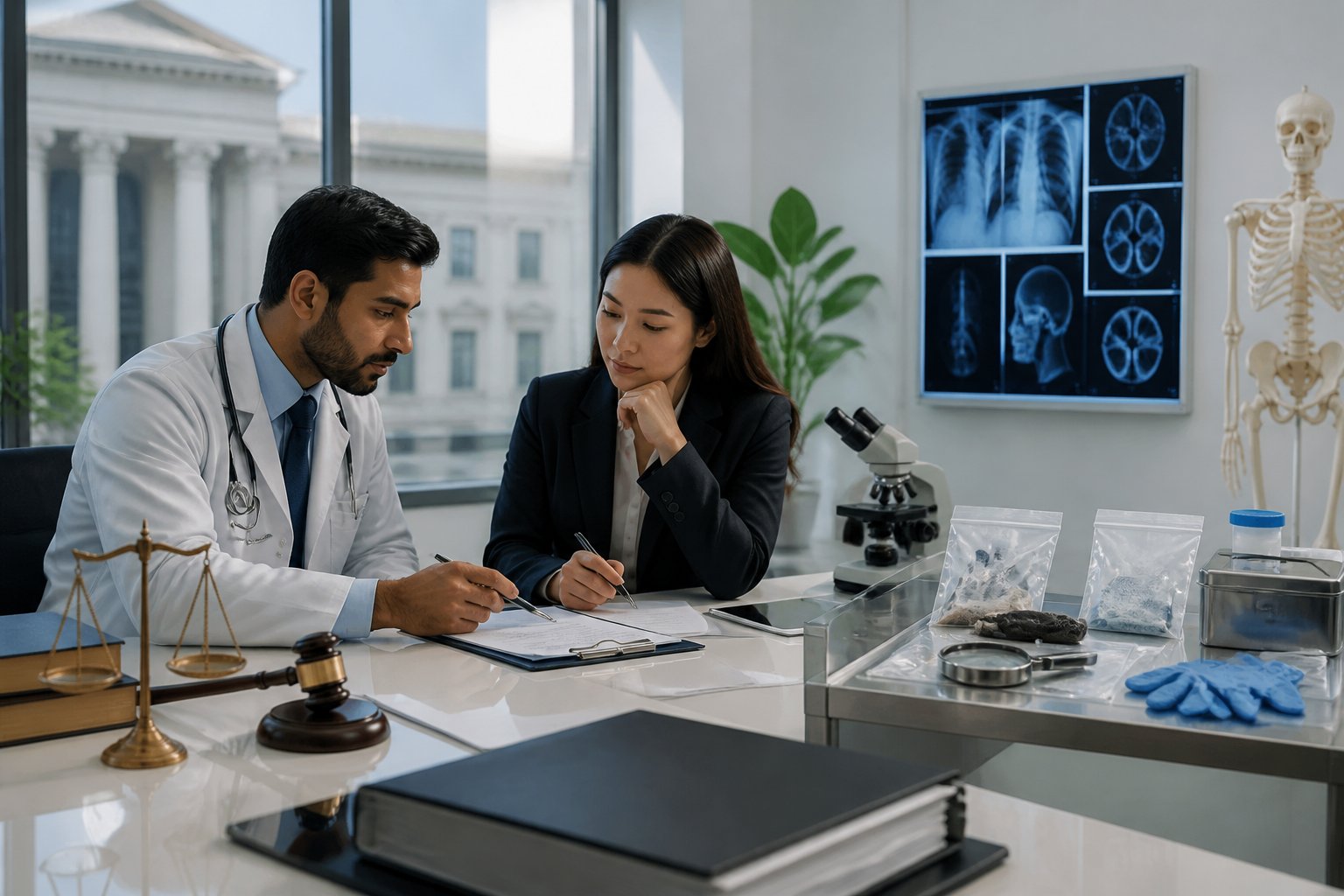 A medical professional and a legal professional review a case in a modern consultation room with medical and forensic materials nearby.