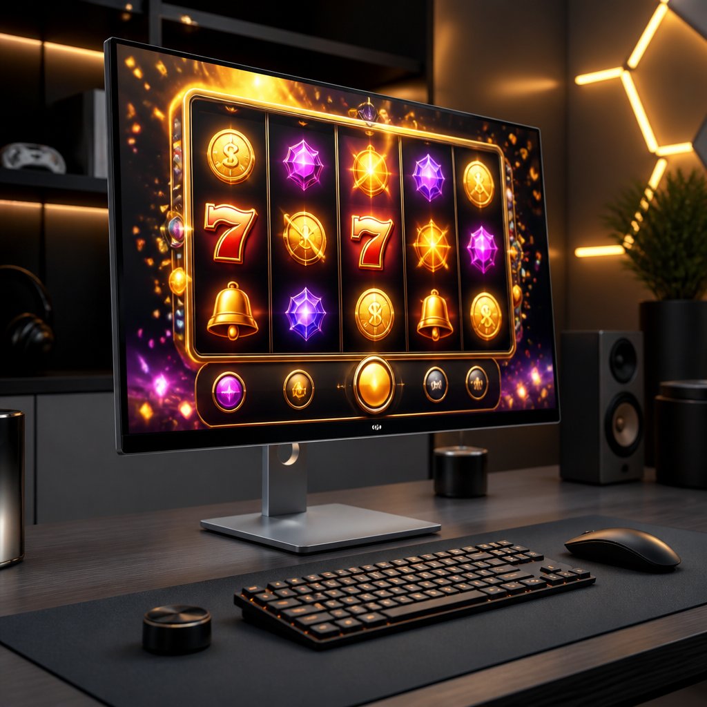 A computer monitor displays a colorful online slot game in a modern workspace.