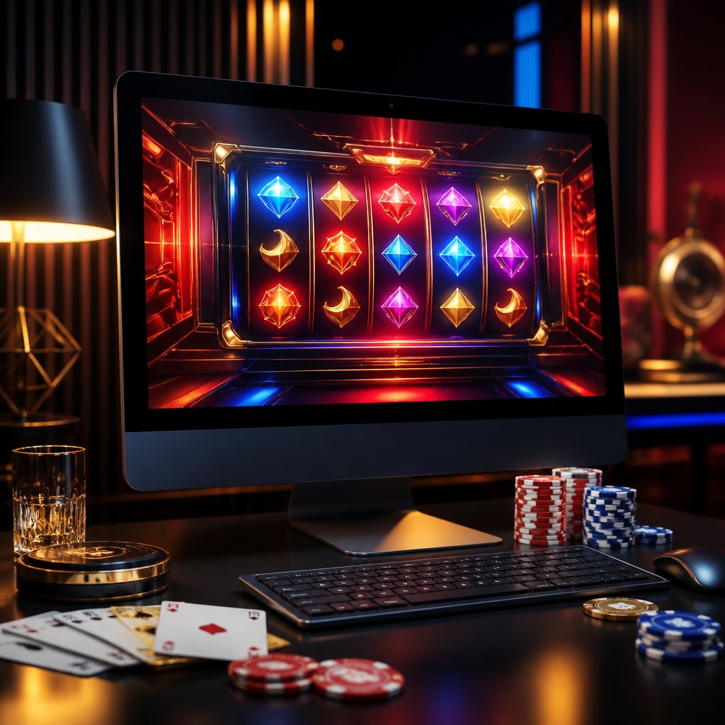 A modern computer displaying a colorful online slot game beside casino chips and playing cards on a softly lit desk.