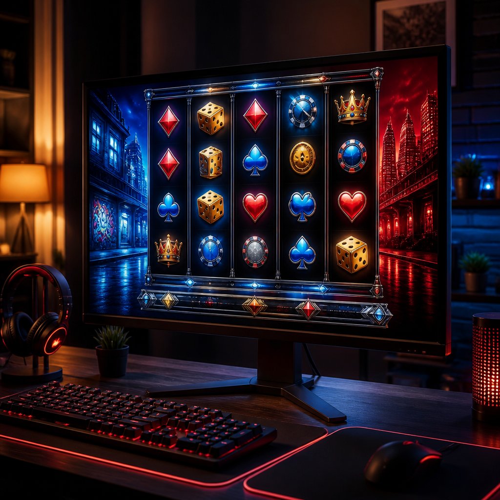 A desktop monitor displays a colorful urban-themed online slot game in a modern gaming setup.