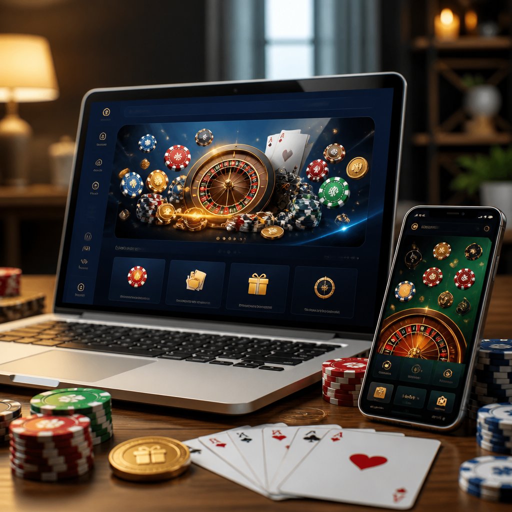 A laptop and smartphone display a generic online casino interface beside poker chips and playing cards.