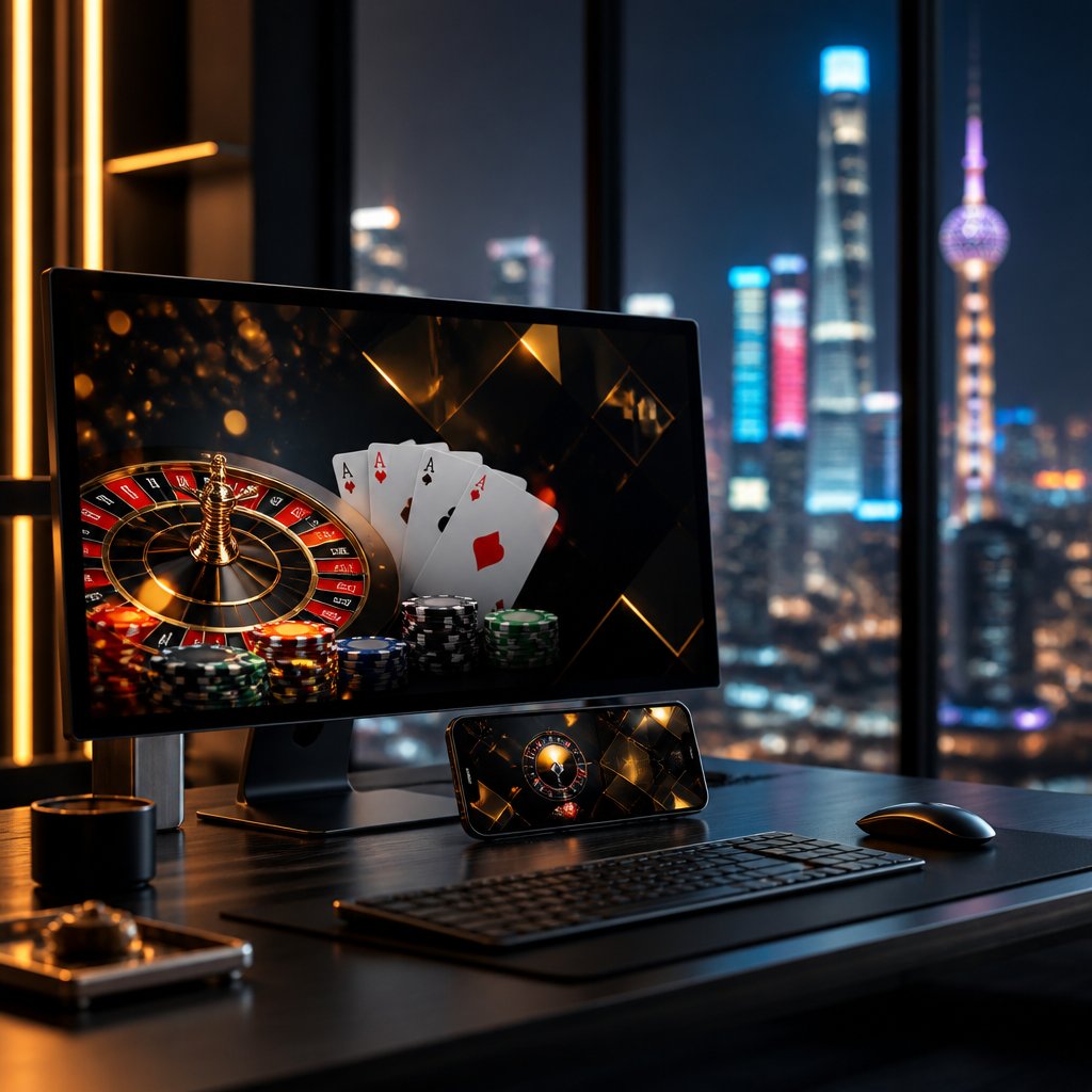 A modern workspace with digital casino games displayed on screens against a city skyline.