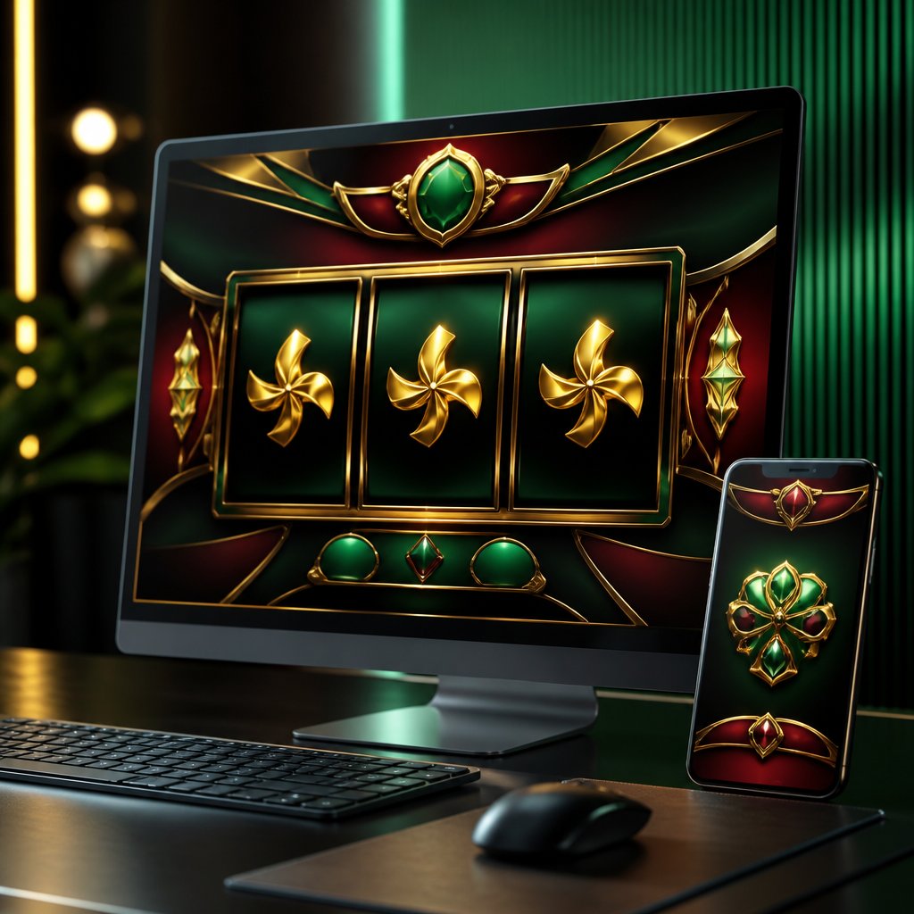 A modern computer and smartphone display a colorful generic online slot game in a sophisticated casino-inspired setting.