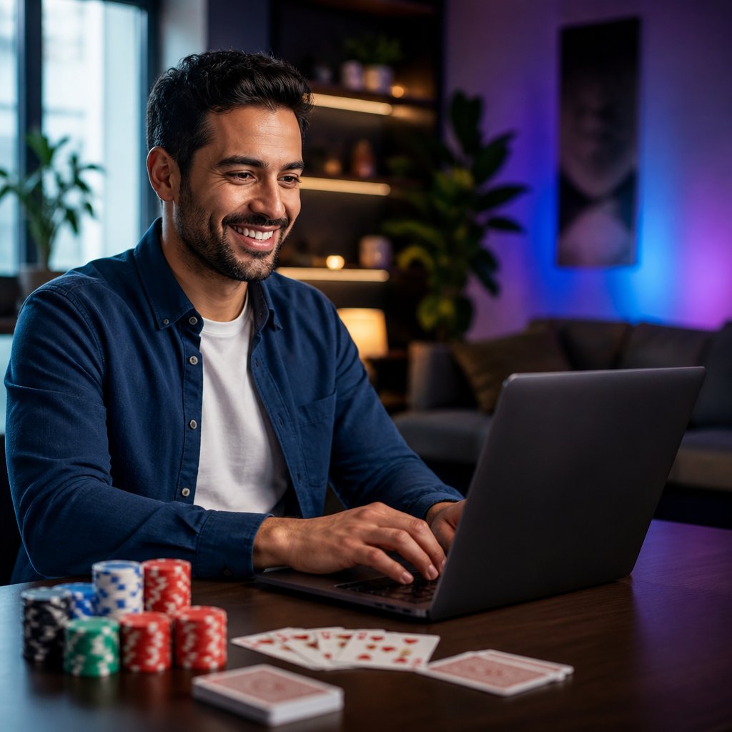 An adult smiles while using a laptop in a modern home with casino-themed lights and playing cards nearby.