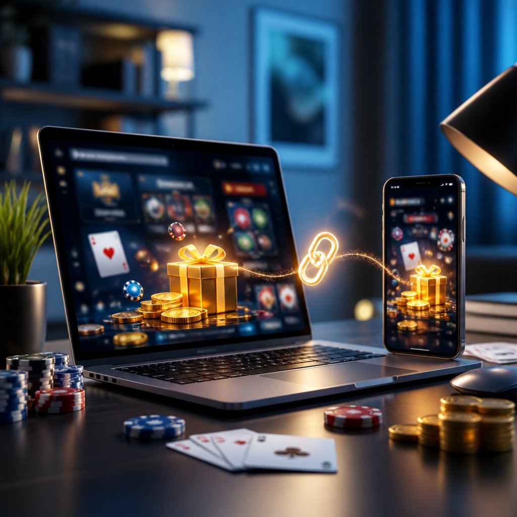 Laptop and smartphone showing an abstract online casino interface beside cards, chips, and a glowing digital bonus symbol.
