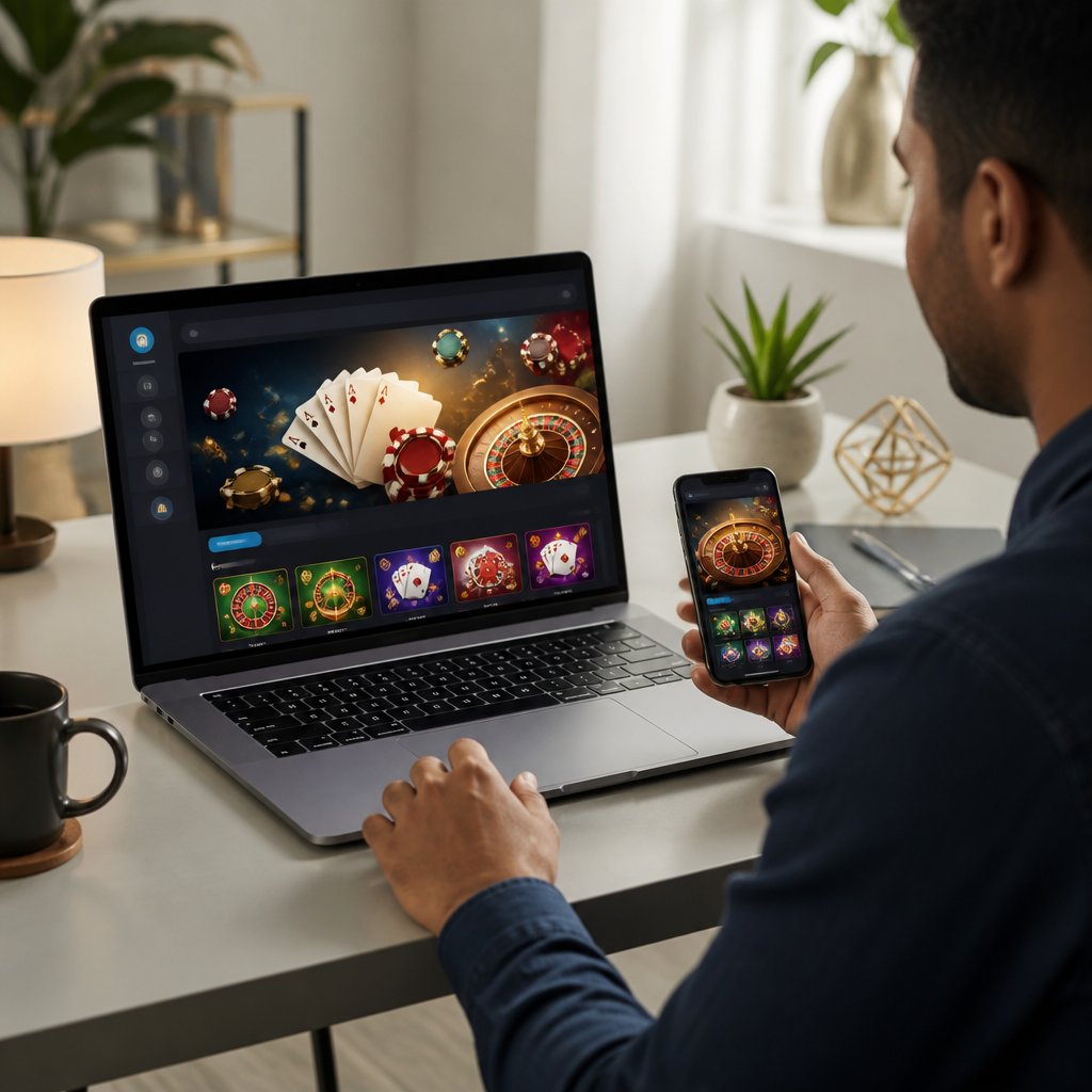 An adult uses a laptop and smartphone displaying colorful casino-themed graphics beside playing cards and poker chips.