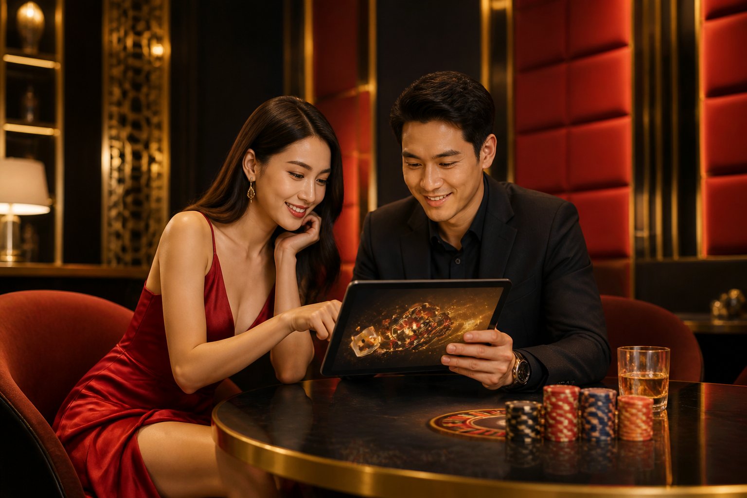 Two adults in a modern lounge view casino-inspired graphics on a tablet.