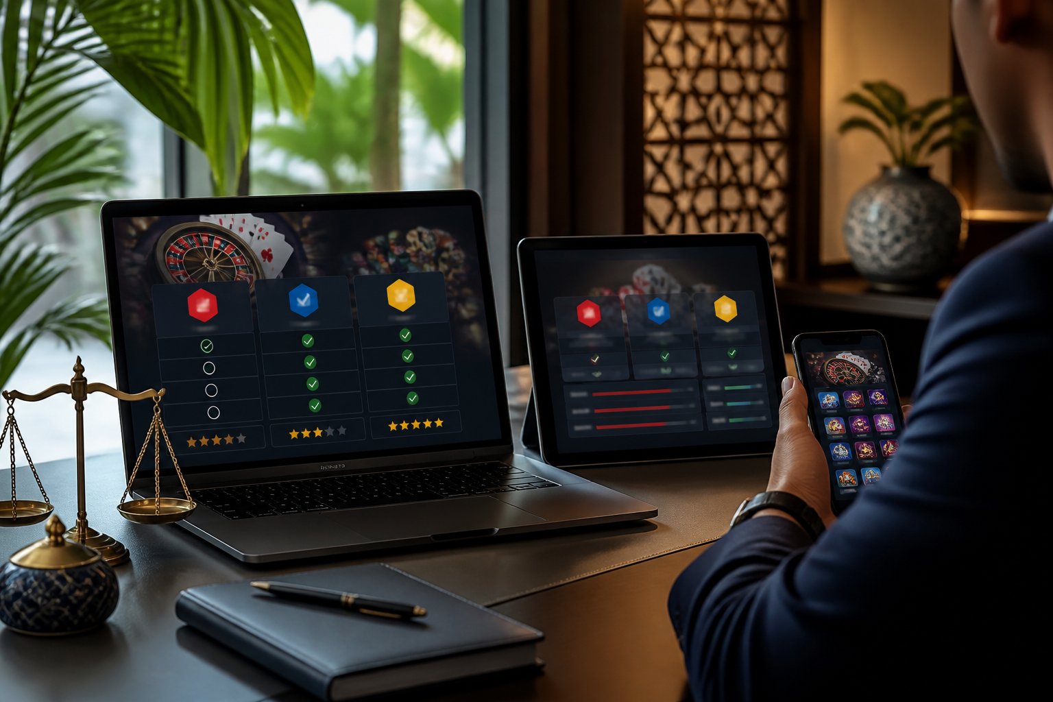 A modern workspace with digital screens showing a comparison of generic online casino platforms.