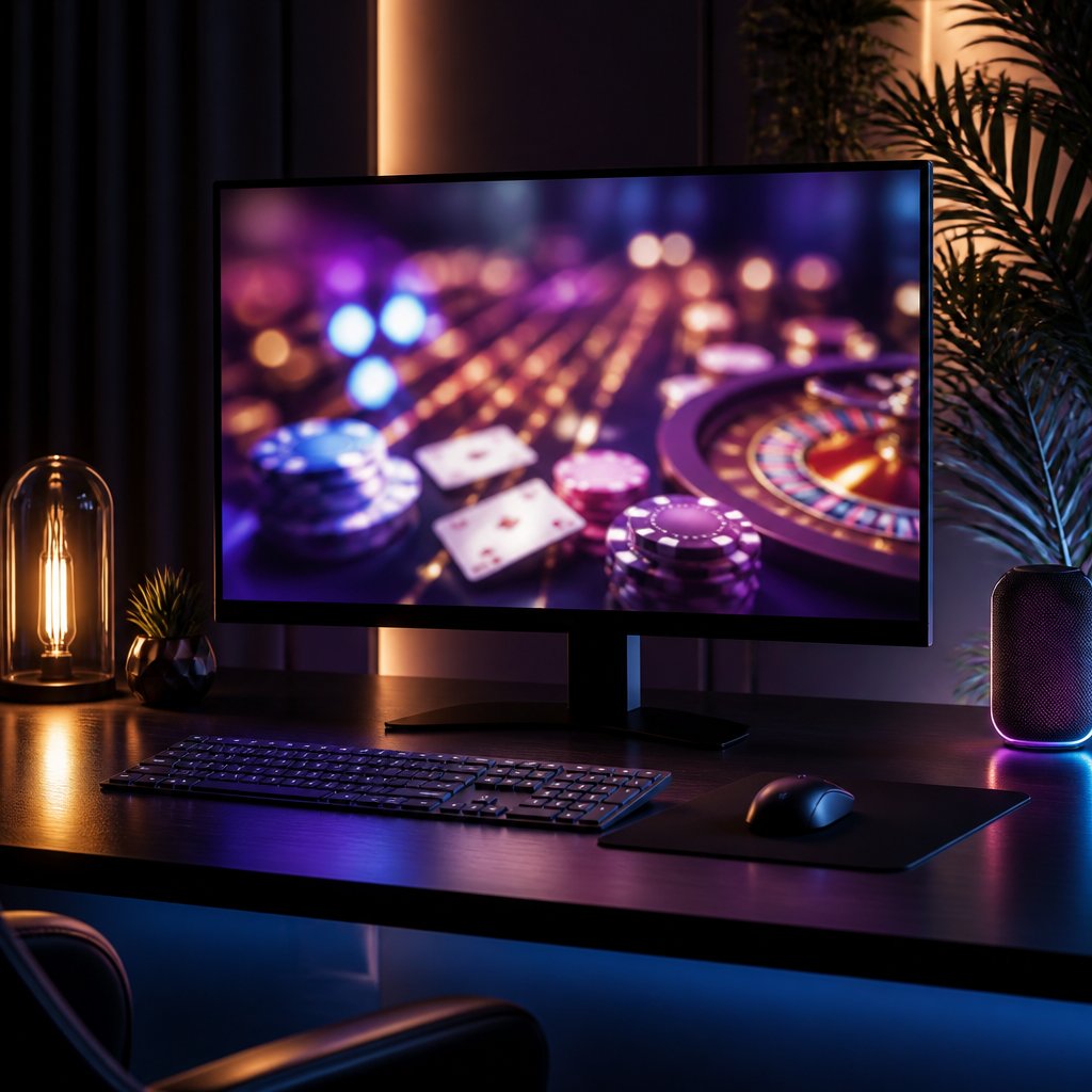 A modern desktop setup with a glowing monitor showing an abstract casino gaming scene.