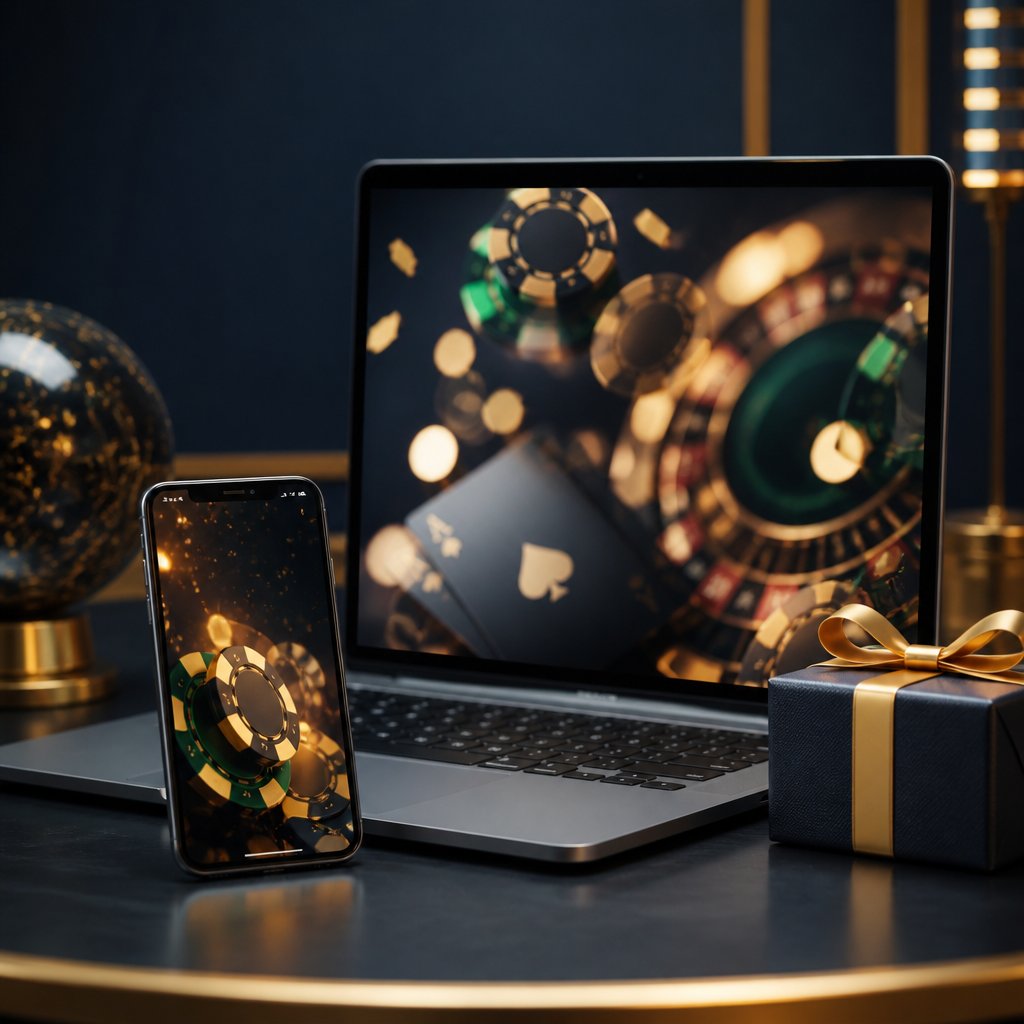 Laptop and smartphone displaying abstract casino visuals beside poker chips, playing cards, and a gift box with golden confetti.
