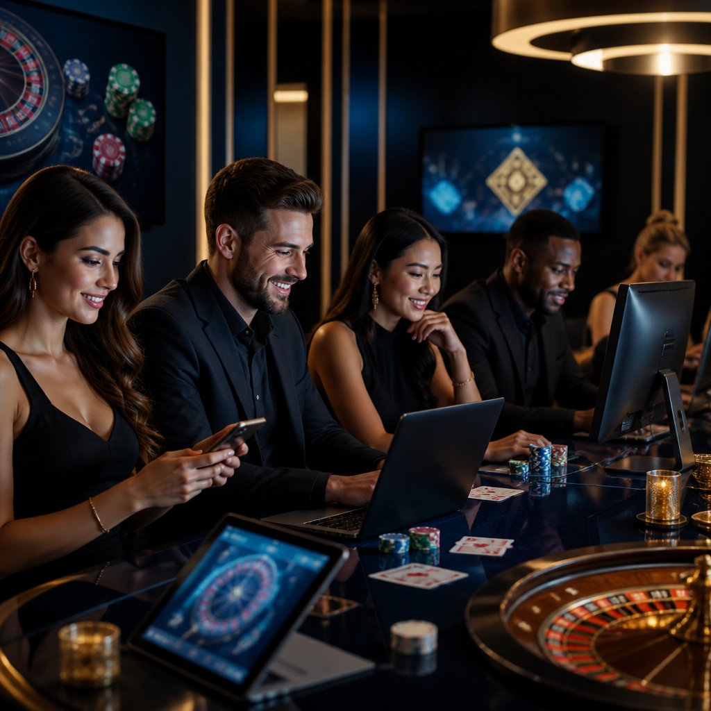 Adults using digital devices in a modern casino-inspired setting with cards, chips, dice, and roulette elements.