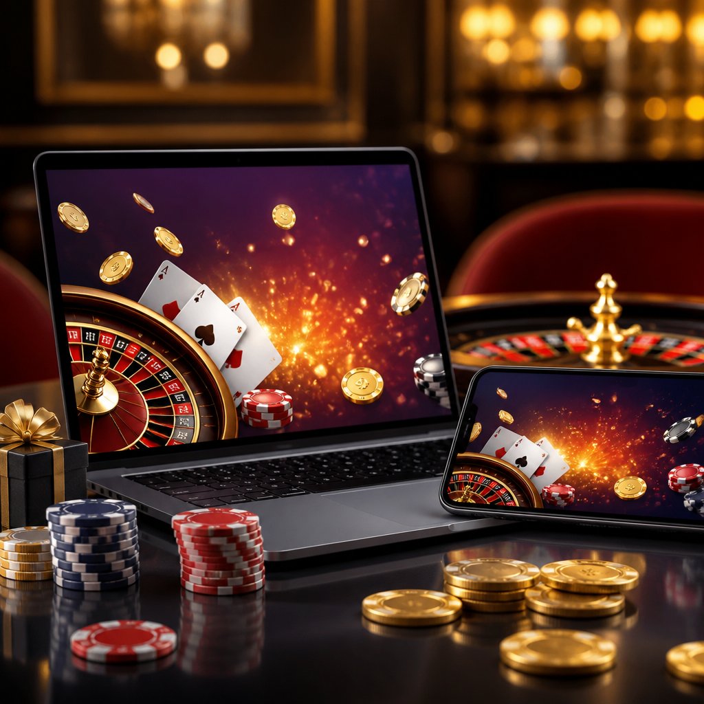 Laptop and smartphone showing casino games beside playing cards, poker chips, roulette elements, and gold coins.