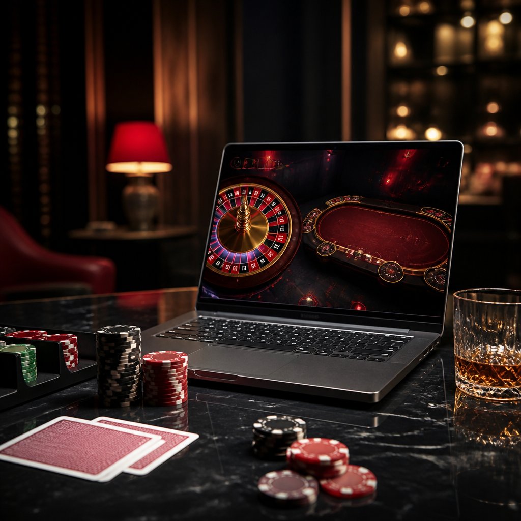 A laptop showing an abstract casino game beside chips and playing cards on a polished desk.